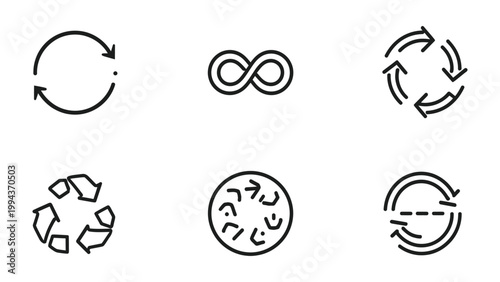 Recycling Icon Set: A collection of various recycling and infinity icons, symbolizing circular processes and sustainable practices. 