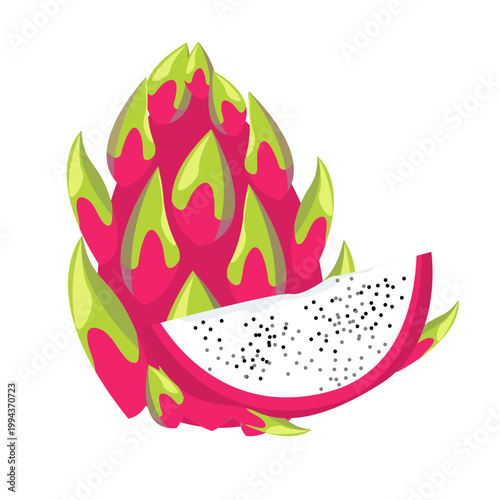 red dragon fruit whole and quarter piece. Summer tropical fruits for healthy lifestyle fruit and half vector illustration flat cartoon icon isolated on white Vector eps 10