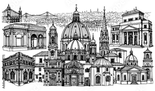 Italian city architecture sketch vector domes buildings black white art