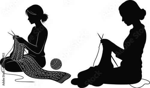 Silhouettes of women knitting with yarn and needles sewing machine knitting silhouette handmade