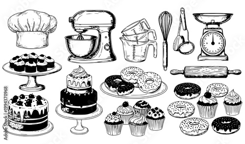 Hand drawn baking cooking vector set chef tools desserts bakery illustration