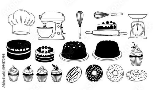 Bakery cooking hand drawn vector set kitchen tools desserts illustration