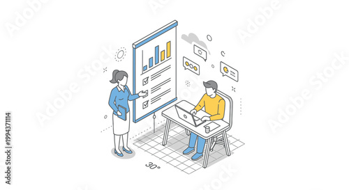 Business meeting, office discussion, teamwork illustration, data analysis, graph presentation