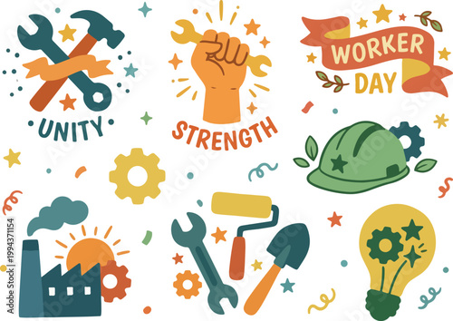 International Workers Day Illustration Set with Labor Symbols, Industrial Tools and Motivational Typography for May Day Celebration