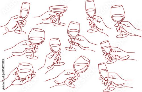 Minimalist continuous line drawing of hands holding wine glasses, elegant red outline vector set of 11 hands toasting with champagne and wine