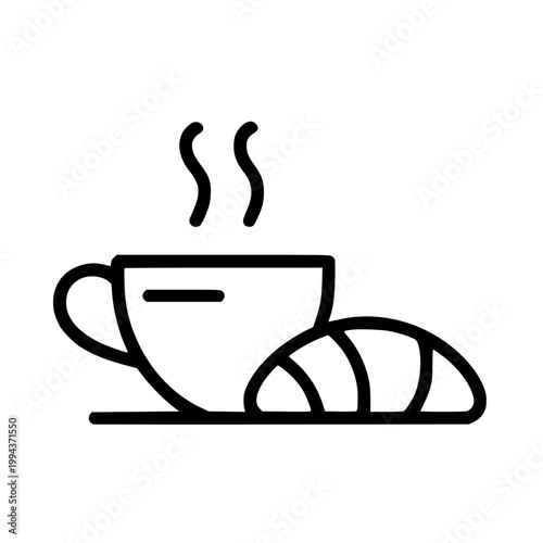 Simple vector illustration graphic design of a steaming hot coffee cup beside a croissant on a simple line plate
