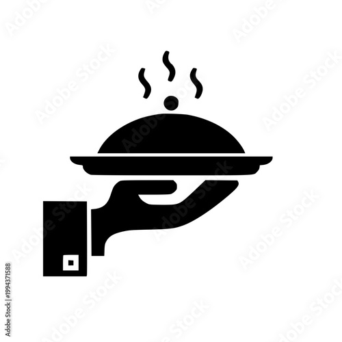 Simple black vector illustration of a hand holding a cloche-covered dish with steam rising upwards
