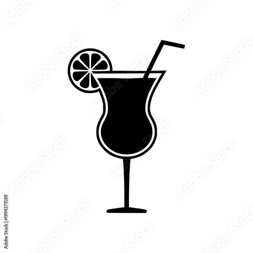 Stylish black vector illustration of a refreshing cocktail garnished with a citrus slice and a drinking straw for celebratory occasions