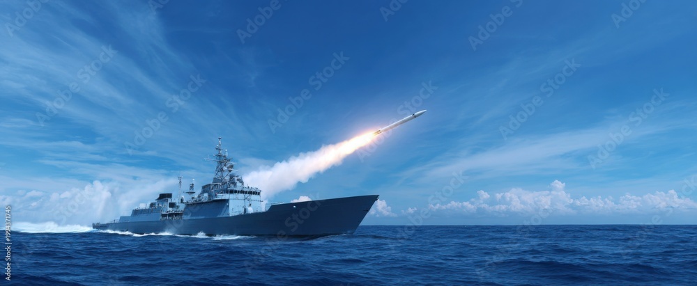 Fototapeta premium Naval vessel launching a powerful missile across vast blue open ocean waters.