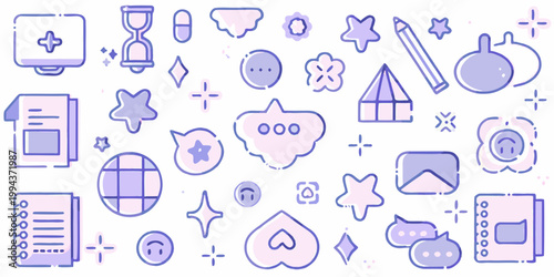 A collection of pastel purple line art icons on a white background