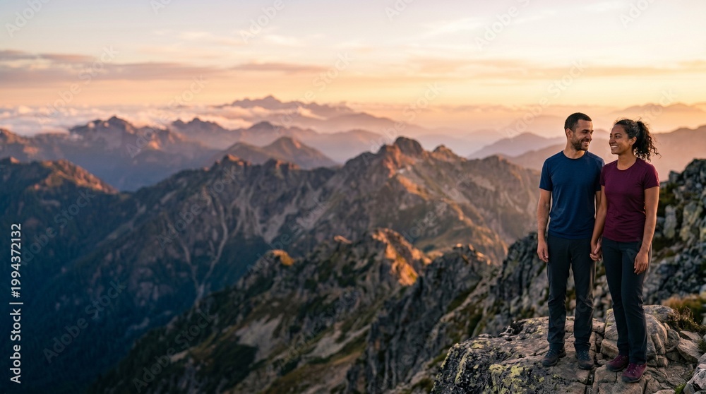 Fototapeta premium Diverse young couple holding hands on mountain peak at sunset while hiking.