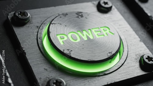 Green power button on metal surface with scattered bolts and nuts for industrial technology concept