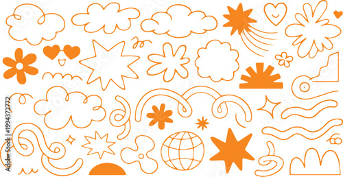 Retro orange doodle vector set, hand drawn aesthetic line art elements, vintage 90s y2k style stickers, playful cloud and star icons for social media