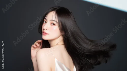 Obraz 艶のある黒髪の日本人女性、ヘアケア、ヘアサロン、ロングヘア