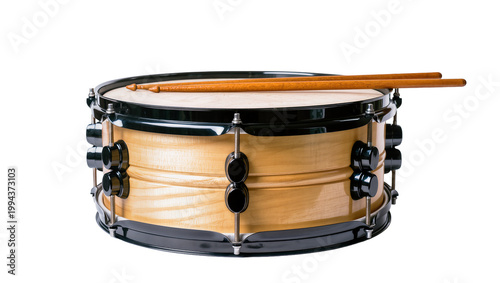 Wooden Snare Drum with Black Metal Hardware and Drumsticks