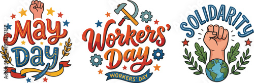 International Workers' Day Typography Set with Raised Fist, Hammer, and Sickle Symbols for May Day Solidarity Celebration