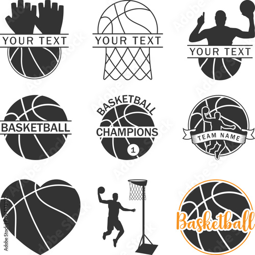 Basketball icons set Silhouettes, Basketball Custom Logo, Basketball Hoop svg vector Illustration, Basketballs Court minimalist sports equipment, Cut files for your crafting