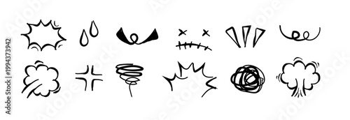 Sketch line style elements set , elements Hand-drawn style, Hand drawn angry effect emotion bang, boom, pow, vector illustration. isolated on white background.