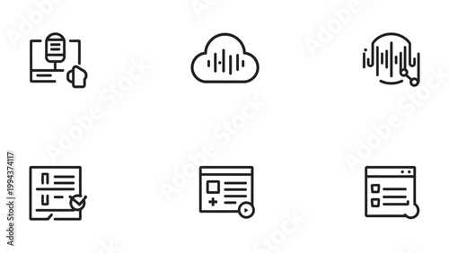 Audio and Information Icons: A set of minimalistic black and white icons represents audio recording, cloud computing, and various types of information displayed. The image conveys modern concepts.