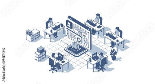 Isometric office, modern workspace, blue monochrome illustration, business productivity, teamwork environment, 3D vector graphics
