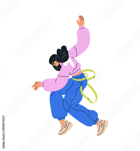 Girl performing breakdance movement. Female dancing hiphop. Young woman in fr...