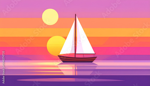 A stylized illustration depicts a sailboat gracefully gliding across a tranquil sea under a vibrant sunset sky with two radiant suns.