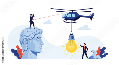 Man on a giant head with a telescope, while a helicopter delivers a lightbulb, symbolizing creative insight, strategic vision, and innovation delivery.