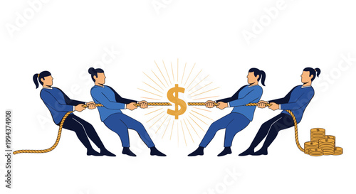 Two teams engaged in a tug-of-war over a sparkling dollar sign, symbolizing intense financial competition, economic struggle, and wealth distribution.