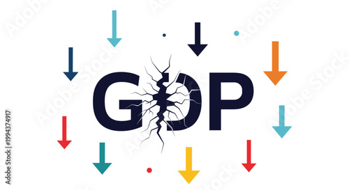 Cracked "GDP" letters surrounded by multiple downward arrows, symbolizing economic decline, national recession, and global financial crisis.
