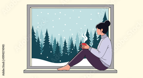 Fotografi A woman sits by a window gazing out at a snowy landscape while enjoying a warm d