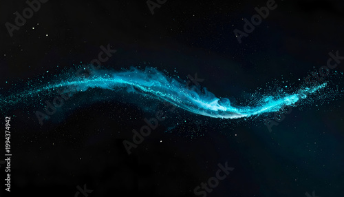 A vibrant, turquoise wave of shimmering particles flows across a stark black background, creating a mesmerizing and ethereal visual effect.