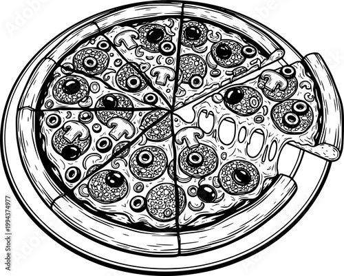 Pizza, monochrome vector illustration. Black silhouette of pizza with mushrooms, olives, pepper and cheese. Transparent EPS version.