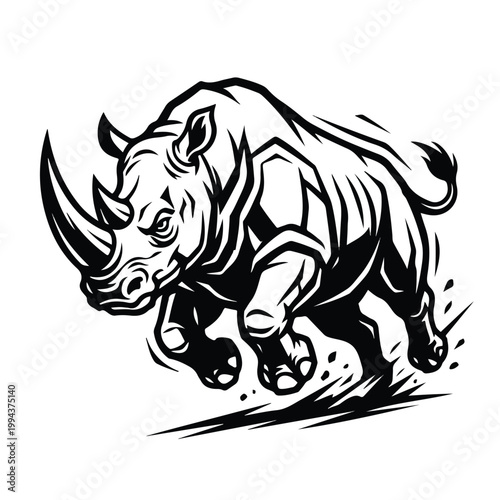 Black and white rhino illustration.
