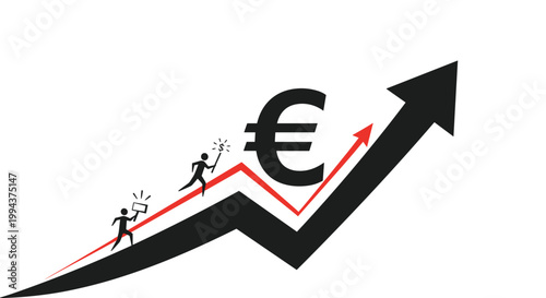 Two small figures running up an ascending Euro currency graph, one with a magic wand, symbolizing Euro growth, economic magic, and financial achievement.