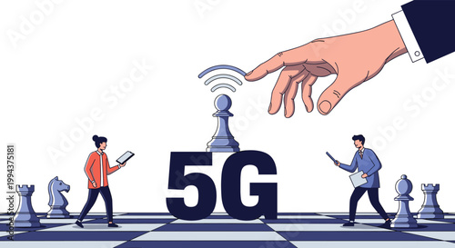 Giant hand activating a 5G network icon on a chessboard, with people and chess pieces, symbolizing 5G strategy, technology, and telecommunication.