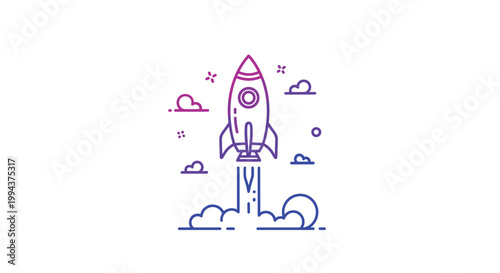 Vibrant gradient outline illustration of a rocket launching into the sky with smoke, symbolizing business startup, innovation, and rapid growth.