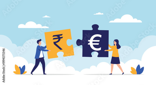 Two individuals collaborating to connect puzzle pieces featuring Rupee and Euro currency symbols, representing international currency exchange and global financial partnership.