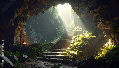 Sunlight streams into a hidden cave, illuminating a moss-covered stone staircase leading upwards into an unknown realm.