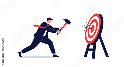 Determined businessman powerfully hitting a bullseye target with a large hammer, symbolizing goal achievement, direct strategy, and overcoming business challenges.
