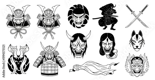 Japanese samurai masks and swords black and white vector illustration