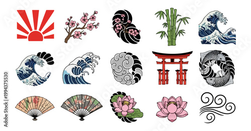 Japanese cultural elements illustrations on black background