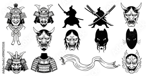 Japanese samurai masks and swords vector illustration