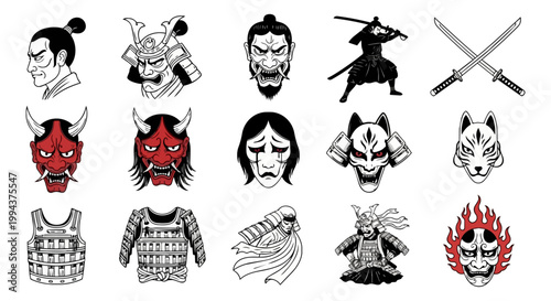 Japanese samurai mask collection silhouettes for design projects