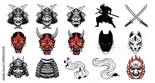 Japanese samurai masks and swords illustration on black background