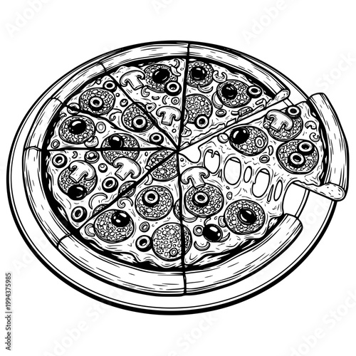 Pizza, monochrome vector illustration. Black silhouette of pizza with mushrooms, olives, pepper and cheese. Transparent SVG version.