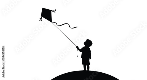 Minimalist vector graphic illustration featuring a young child silhouette standing on a hill while flying a simple black kite against a plain white background space