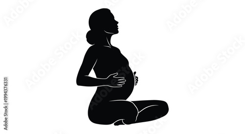 Serene vector graphic illustration depicting a pregnant woman gently caressing her baby bump while sitting calmly, embodying maternal peace and anticipation.