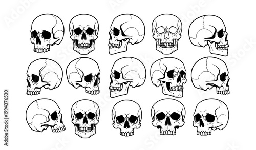 Monochrome skull icon set with outline and silhouette variations isolated on white background