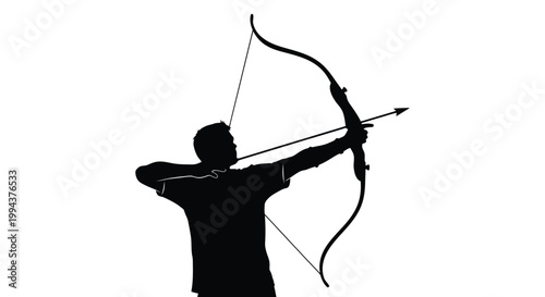A skilled archer silhouette preparing to shoot an arrow with a powerful bow aiming towards the target, demonstrating precision and focus in this vector illustration graphic.