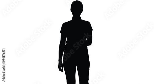 Minimalist vector graphic of a standing female silhouette, perfect for various design applications, representing a person in a neutral, professional posture.